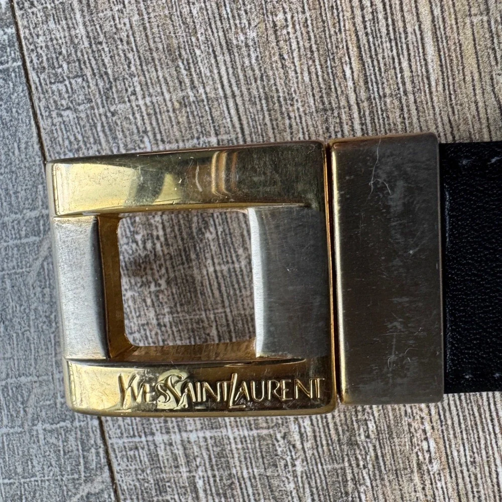 Yves Saint Laurent YSL Mens Reversible Leather Belt Black Burgundy Size 46
